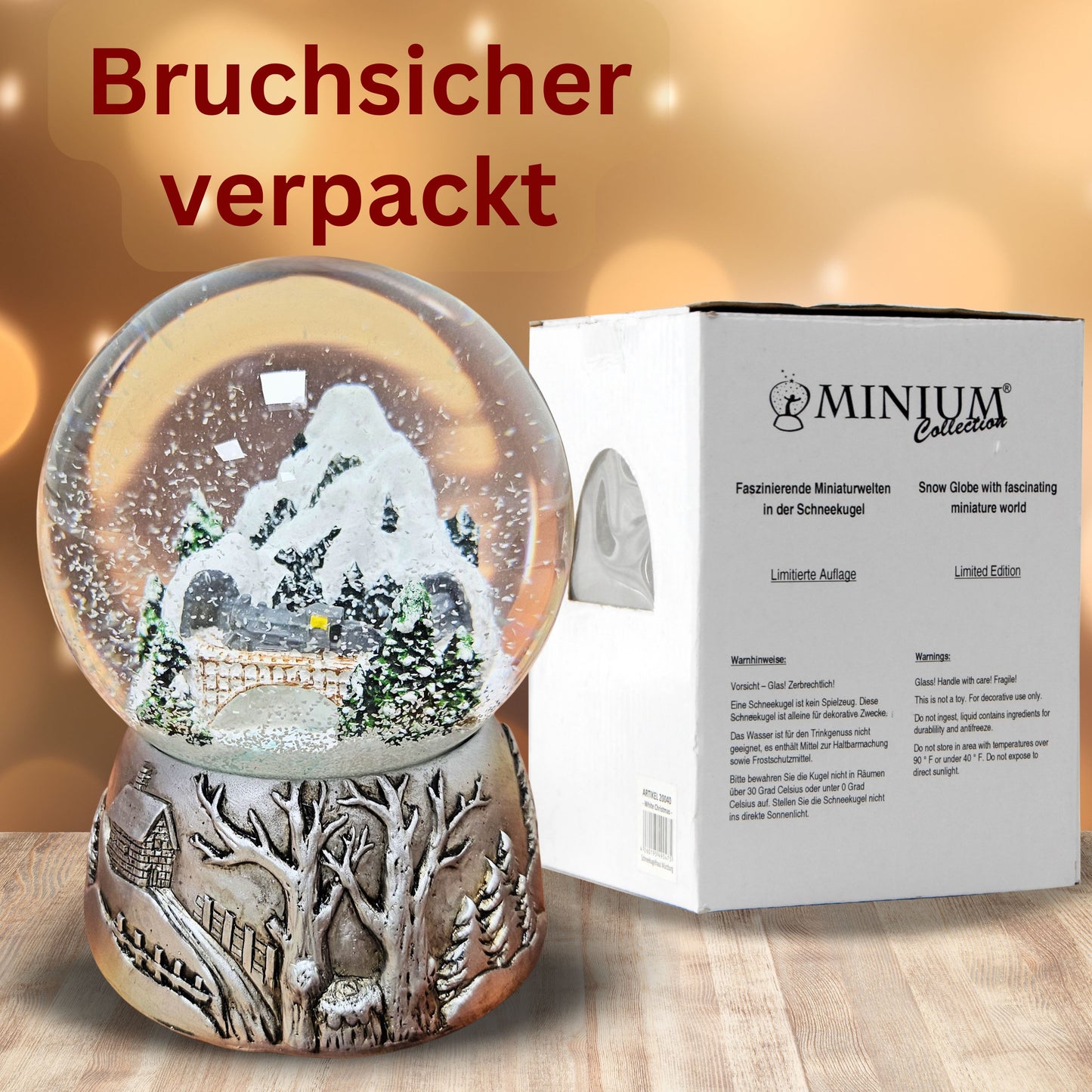 Nostalgische Schneekugel Berglandschaft Brücke Silber Landschaft 100 mm Durchmesser mit Spieluhr