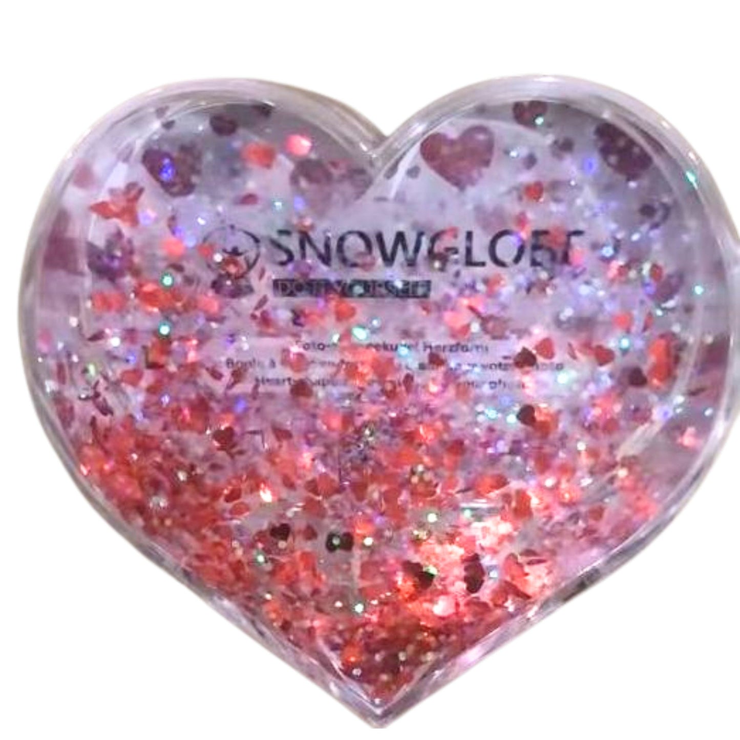 Foto-Schneekugel Herzform mit roten Herzen und transparentem Glitter