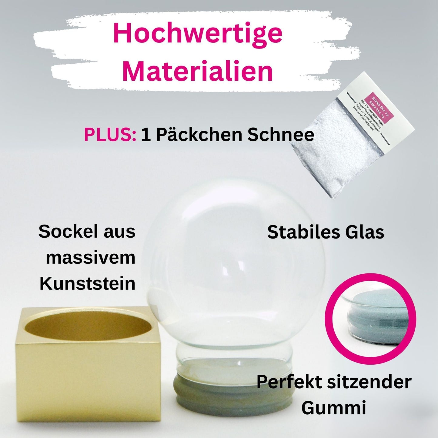 100mm Bastelset Polyresin Sockel gold eckig mit DIY - Schneekugel - 1 x Schnee - Schneekugelhaus