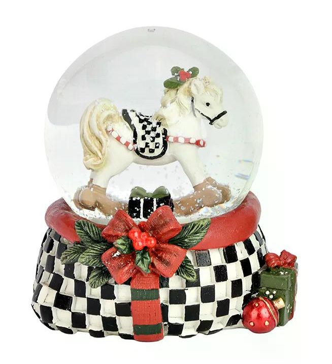 2 stylische Schneekugeln Schaukelpferd Christbaum im Karo-Look 65mm Durchmesser - Schneekugelhaus