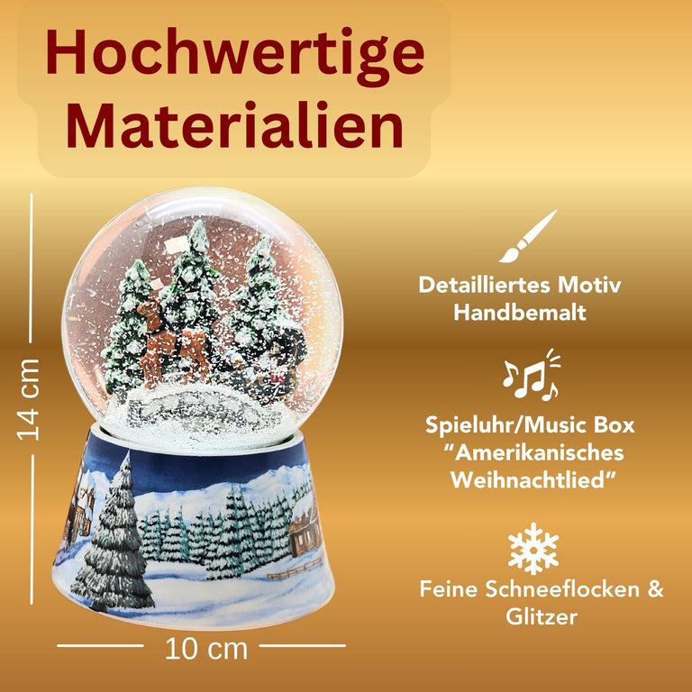 Nostalgische Schneekugel Kutsche über Brücke auf Sockel Winterlandschaft mittelblau 100 mm Durchmesser mit Spieluhr (Kopie)