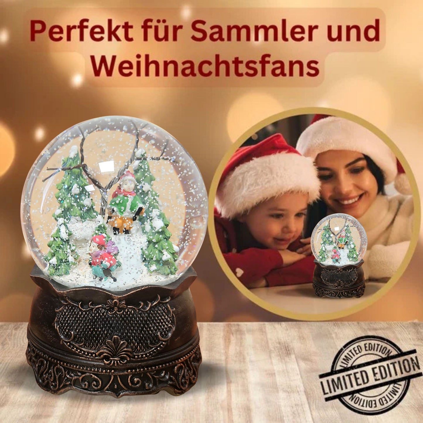 Nostalgische Schneekugel Familienspaziergang auf Ornamentsockel kupfer antik 100 mm Durchmesser mit Spieluhr
