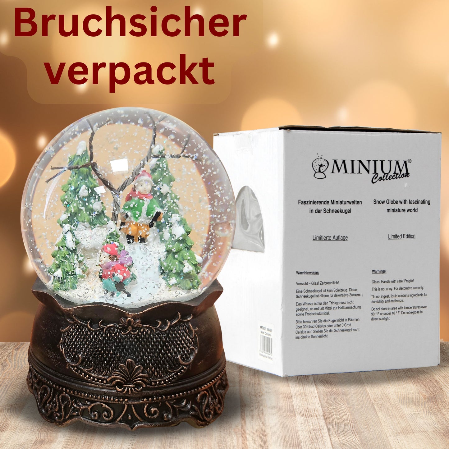 Nostalgische Schneekugel Familienspaziergang auf Ornamentsockel kupfer antik 100 mm Durchmesser mit Spieluhr