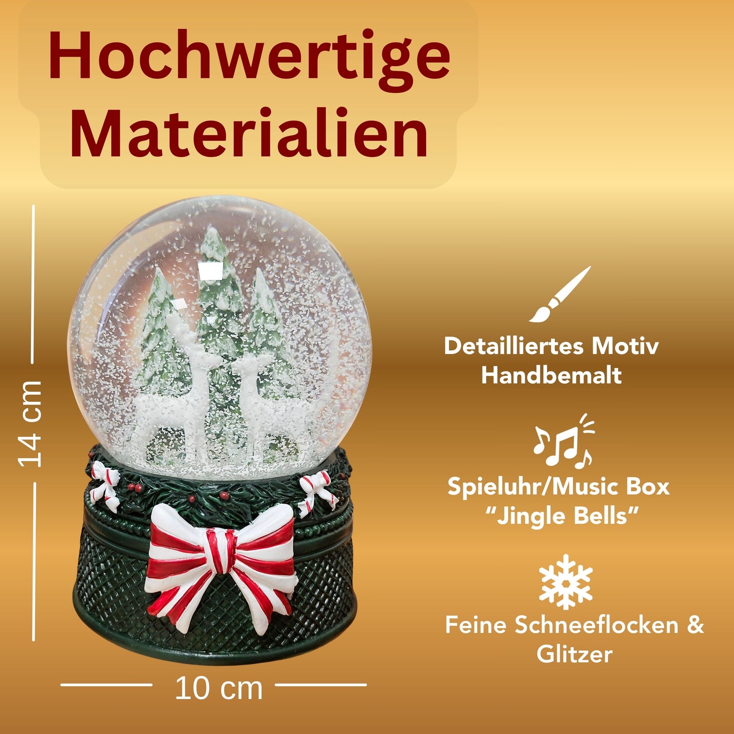 Nostalgische Schneekugel 2 Rehe Weihnachtsdekor grün 100 mm Durchmesser mit Spieluhr