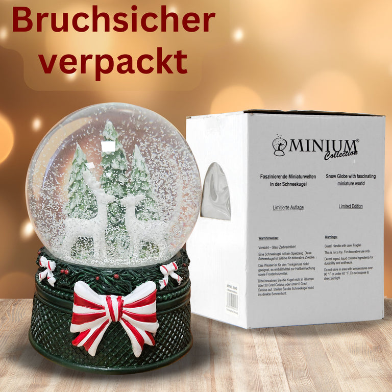 Nostalgische Schneekugel 2 Rehe Weihnachtsdekor grün 100 mm Durchmesser mit Spieluhr