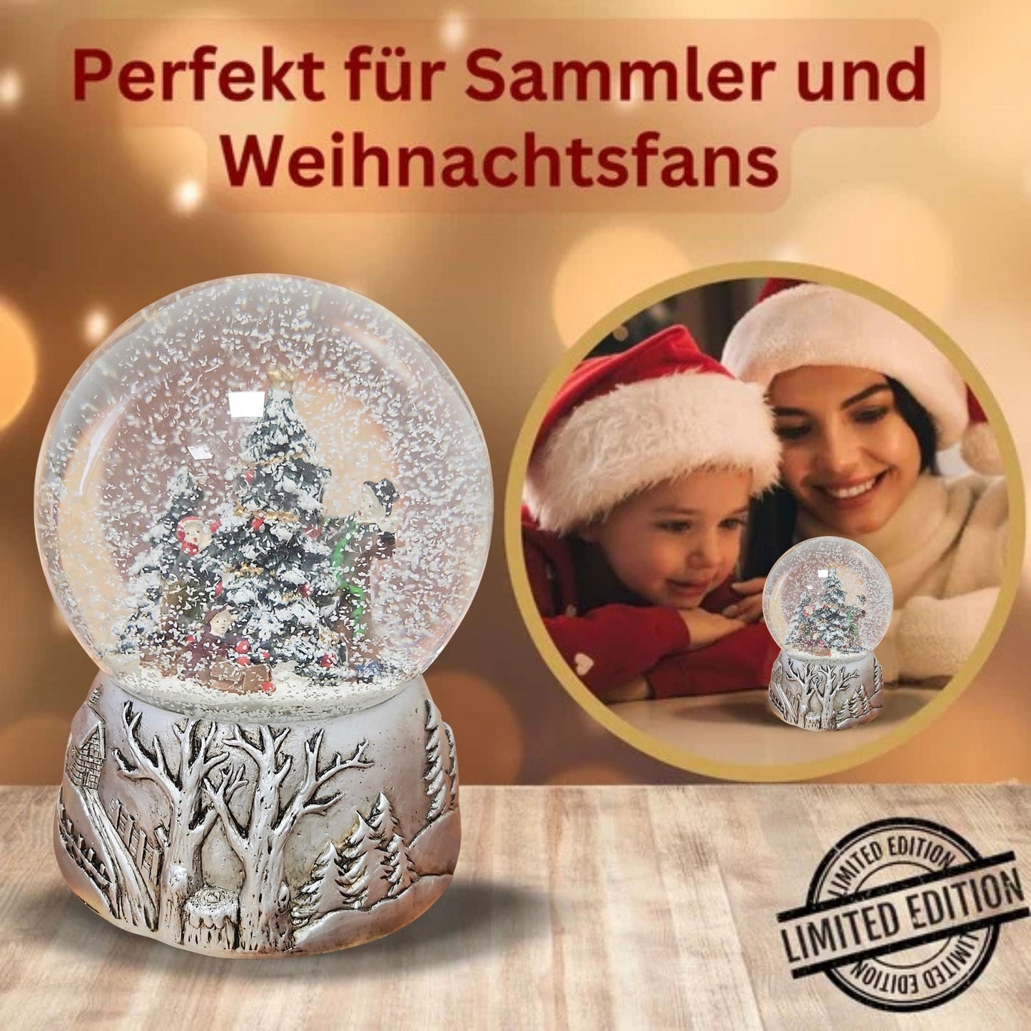 Nostalgische Schneekugel Christbaum schmücken auf Silber Landschaft 100 mm Durchmesser mit Spieluhr