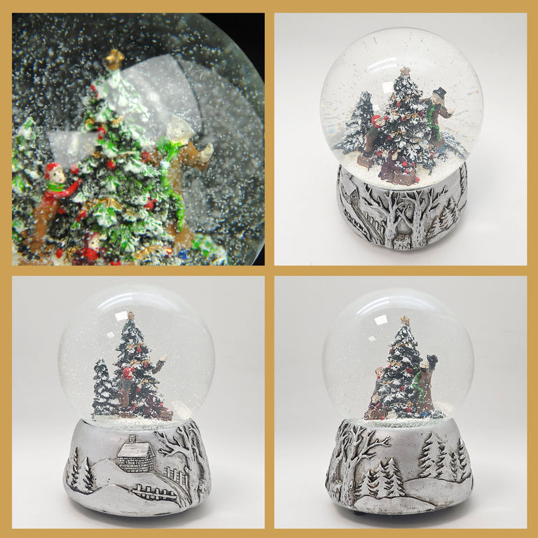 Nostalgische Schneekugel Christbaum schmücken auf Silber Landschaft 100 mm Durchmesser mit Spieluhr