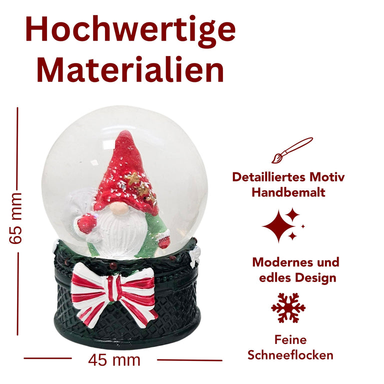 Süße Mini-Schneekugel Weihnachtswichtel Geschenkesack auf Sockel grün B: 45mm