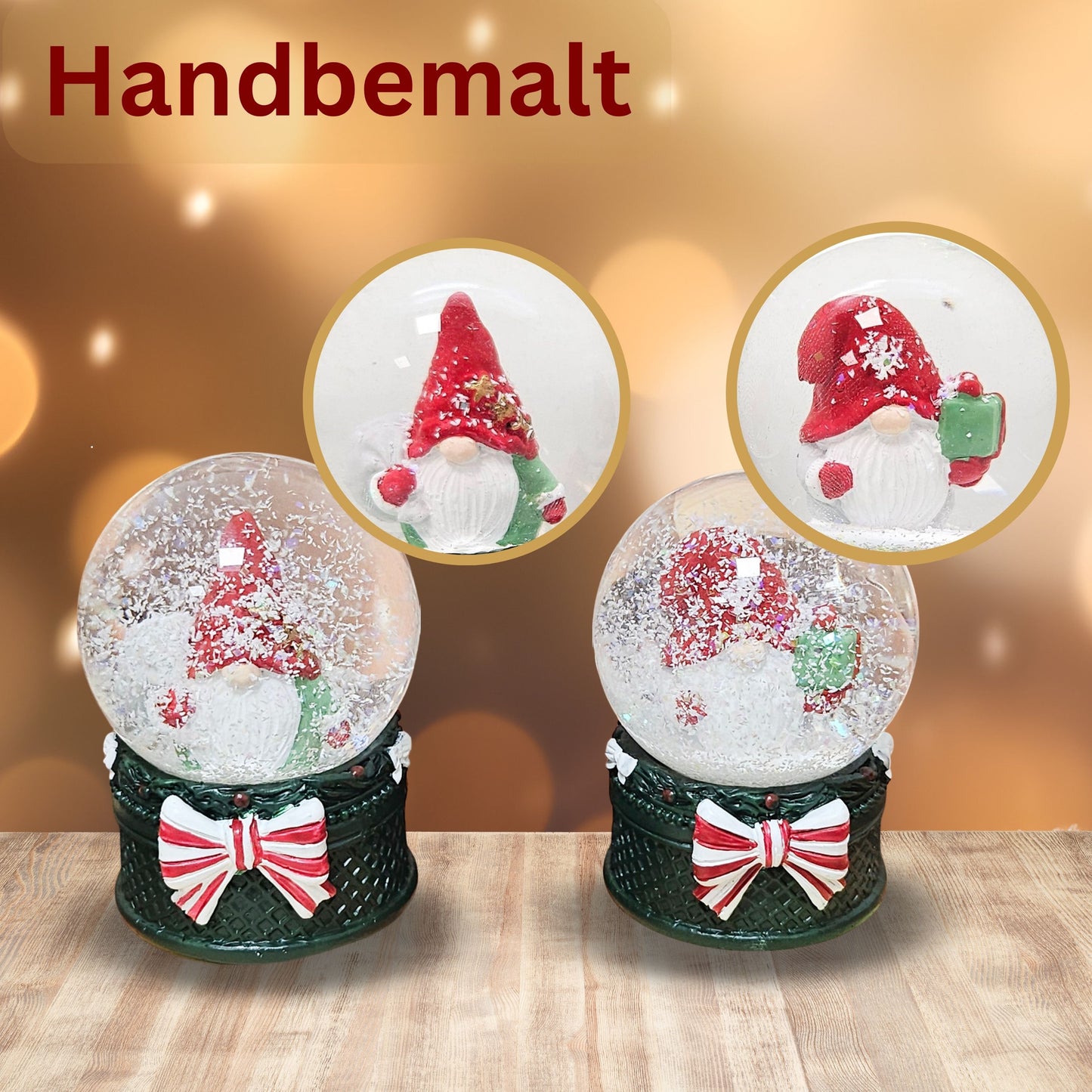 2 süße Mini-Schneekugeln Weihnachtswichtel auf grün B: 45mm