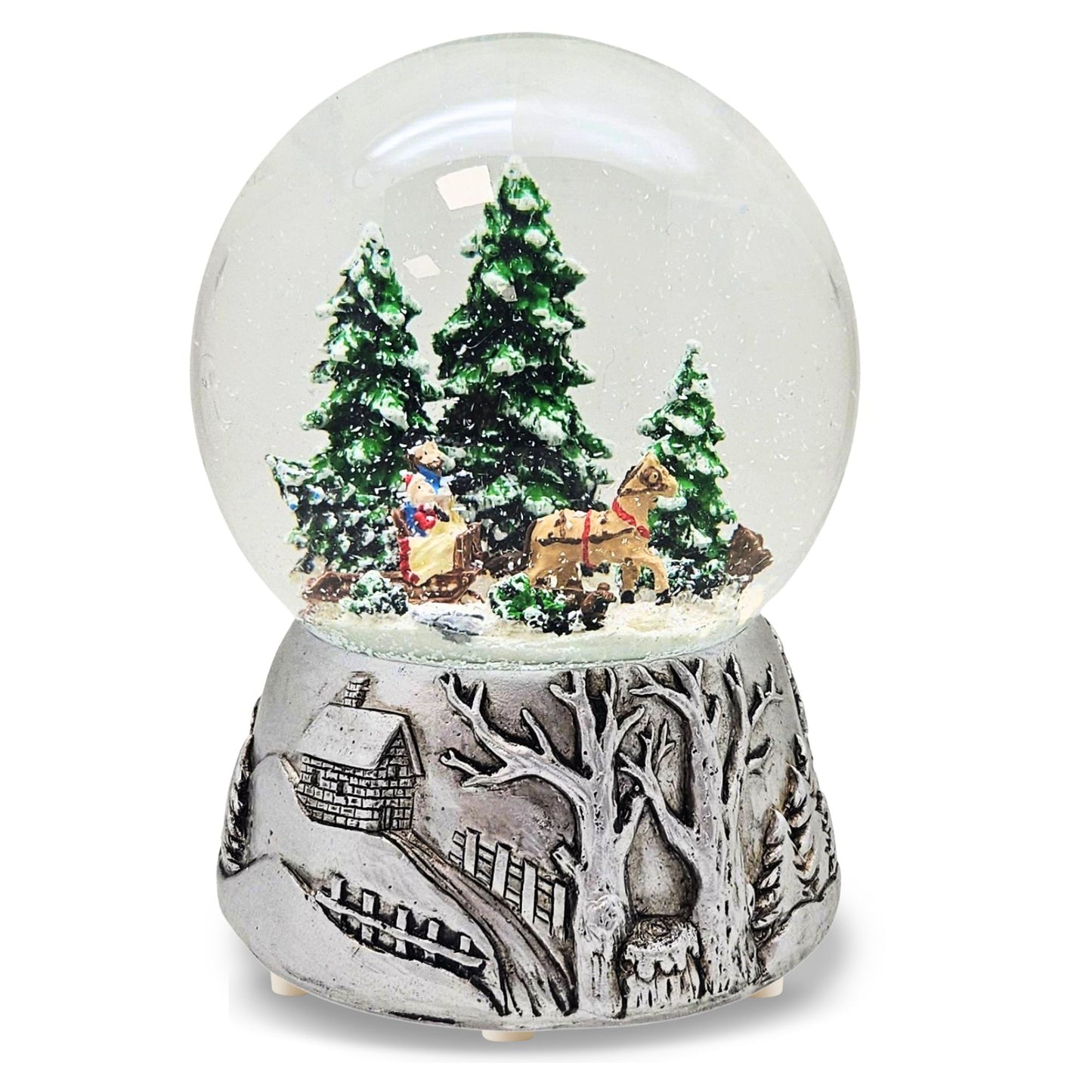 Nostalgische Schneekugel Schlittenfahrt auf Silber Landschaft 100 mm Durchmesser mit Spieluhr