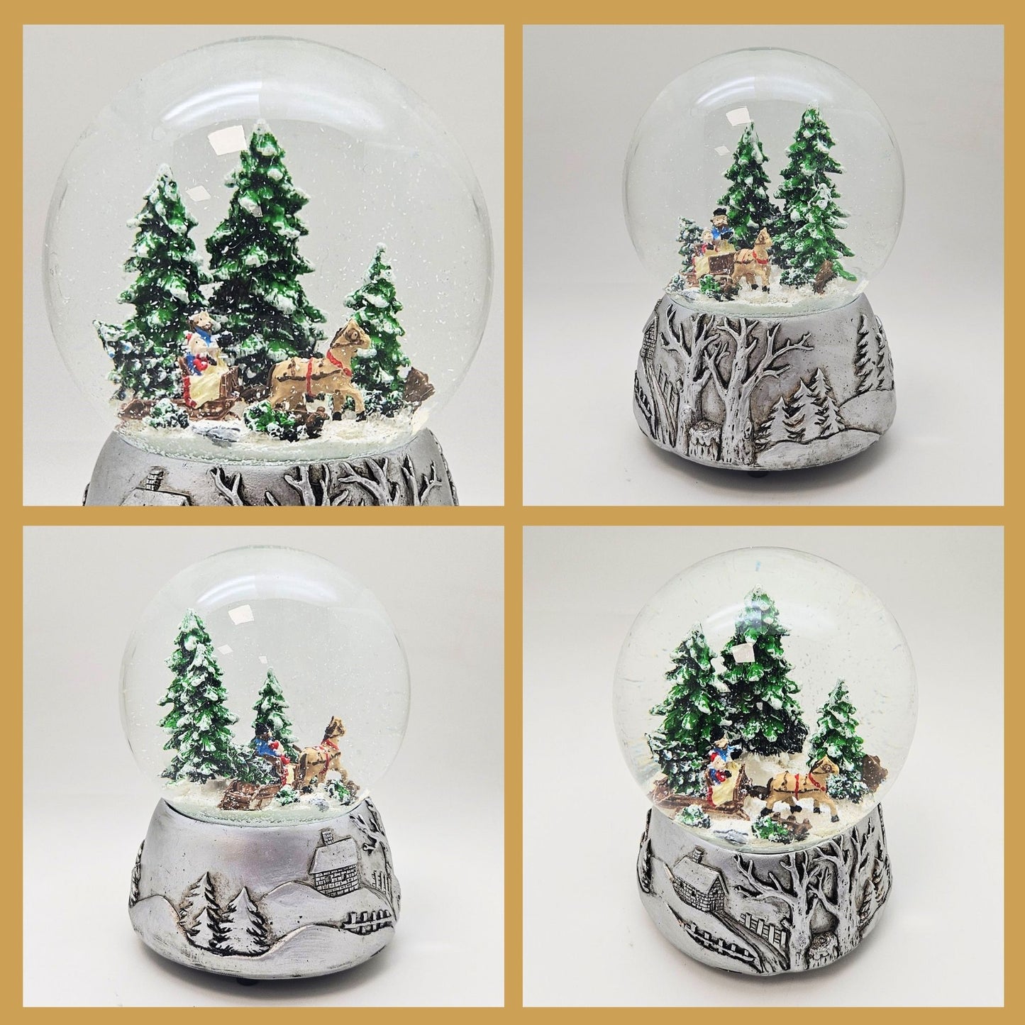 Nostalgische Schneekugel Schlittenfahrt auf Silber Landschaft 100 mm Durchmesser mit Spieluhr