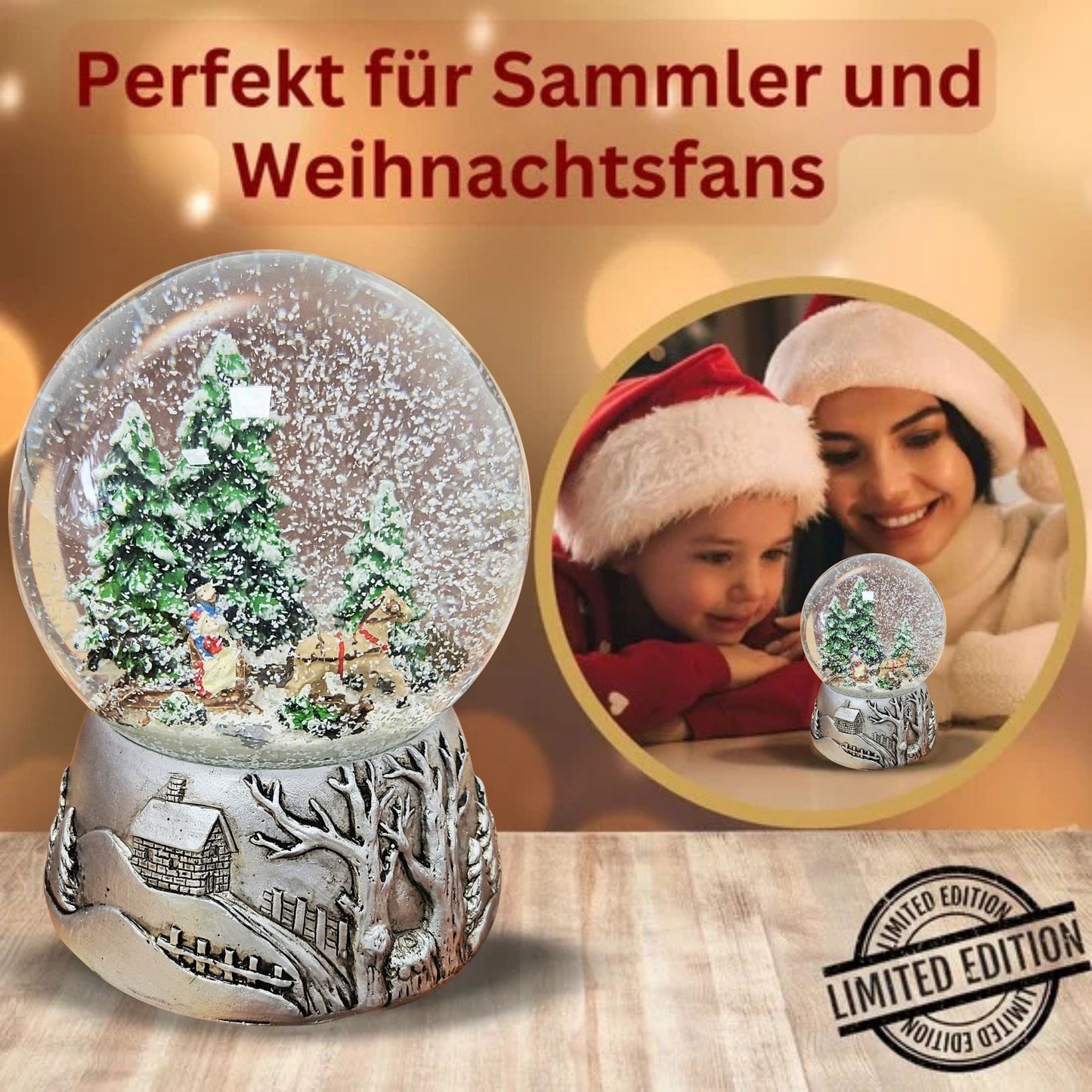 Nostalgische Schneekugel Schlittenfahrt auf Silber Landschaft 100 mm Durchmesser mit Spieluhr