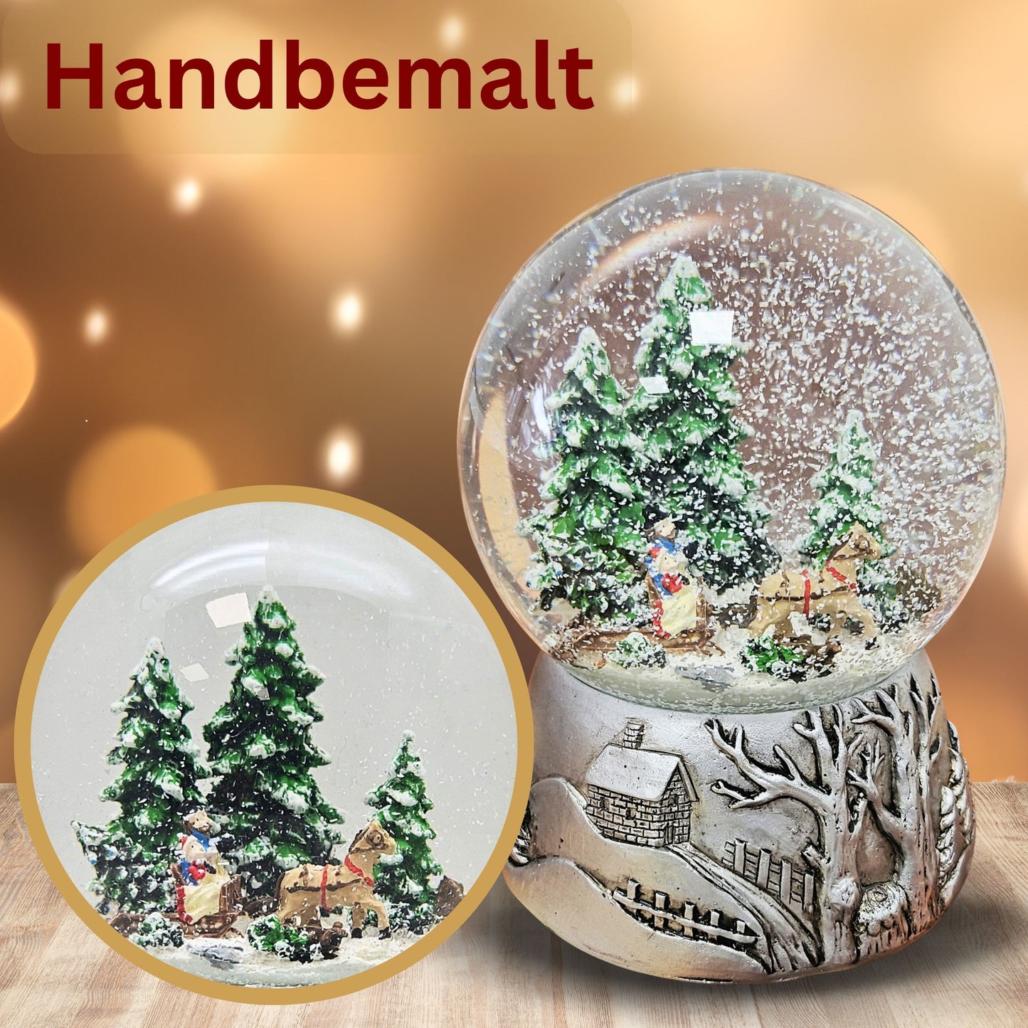 Nostalgische Schneekugel Schlittenfahrt auf Silber Landschaft 100 mm Durchmesser mit Spieluhr