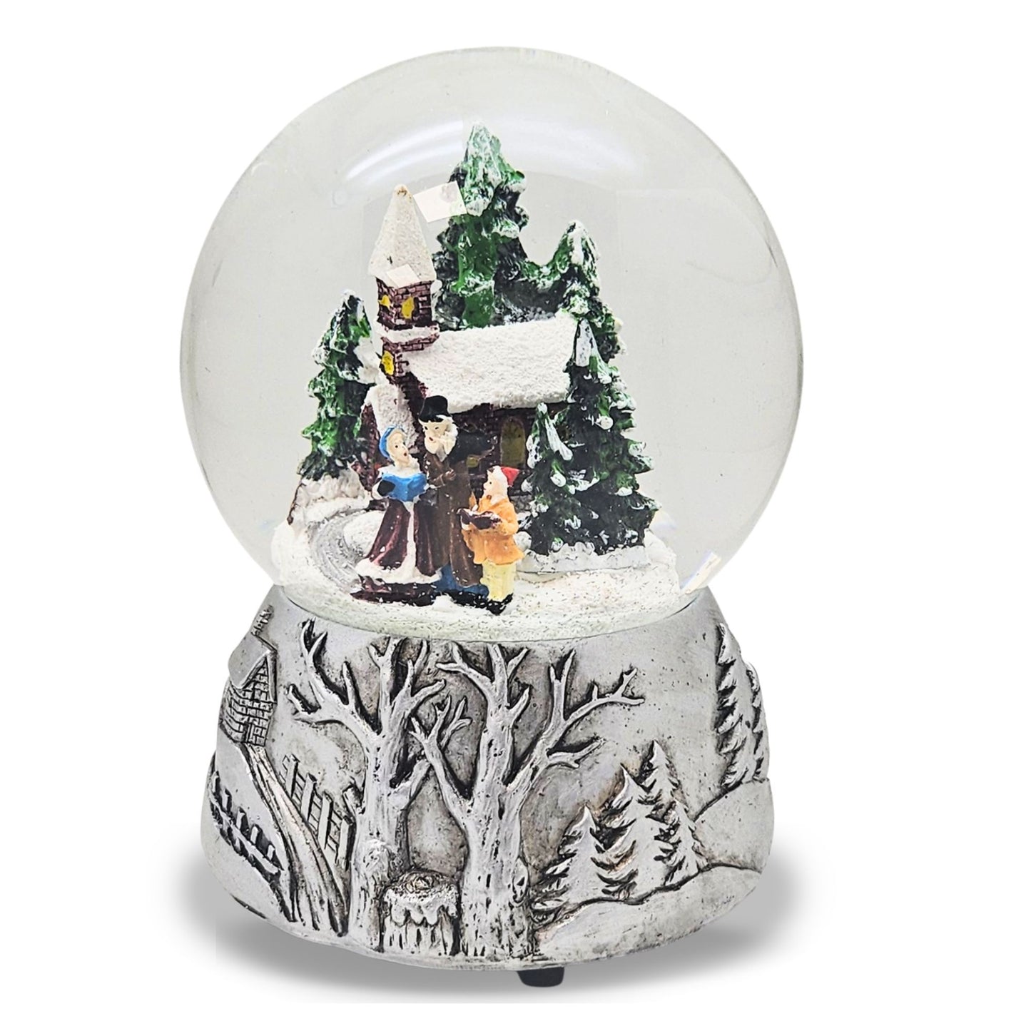 Nostalgische Schneekugel Weihnachtsspaziergang auf Silber Landschaft 100 mm Durchmesser mit Spieluhr