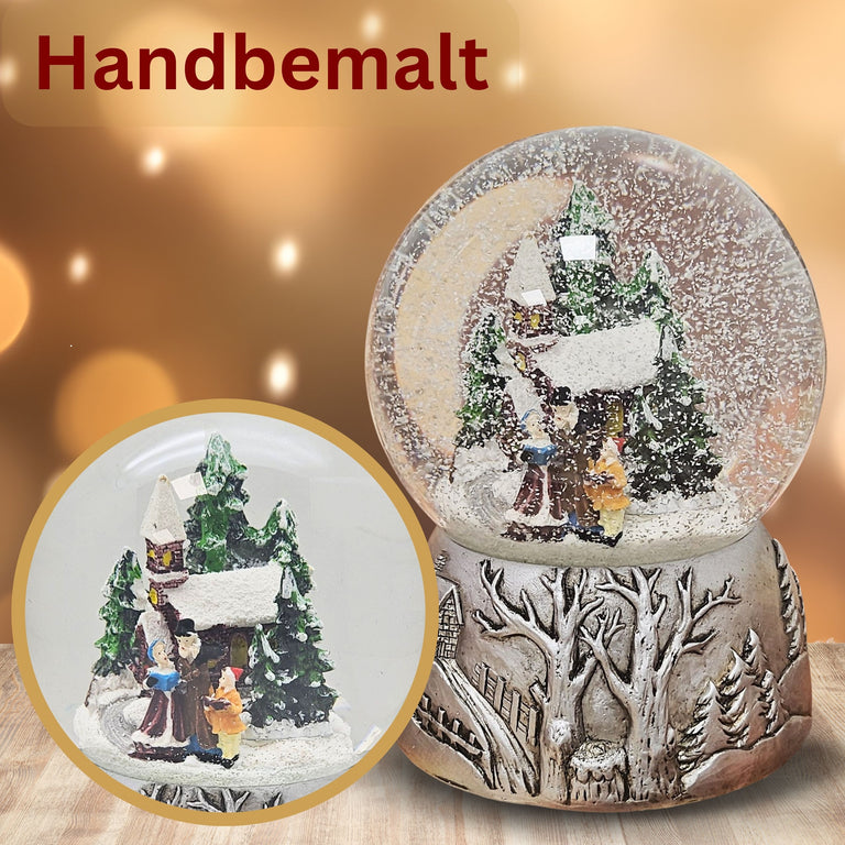 Nostalgische Schneekugel Weihnachtsspaziergang auf Silber Landschaft 100 mm Durchmesser mit Spieluhr