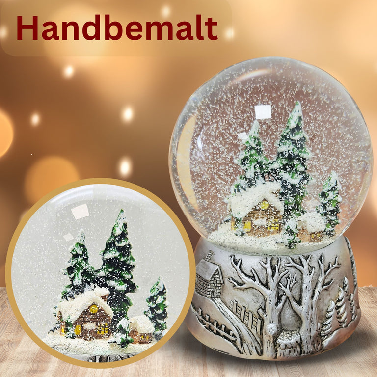 Nostalgische Schneekugel Winterhütte auf Silber Landschaft 100 mm Durchmesser mit Spieluhr