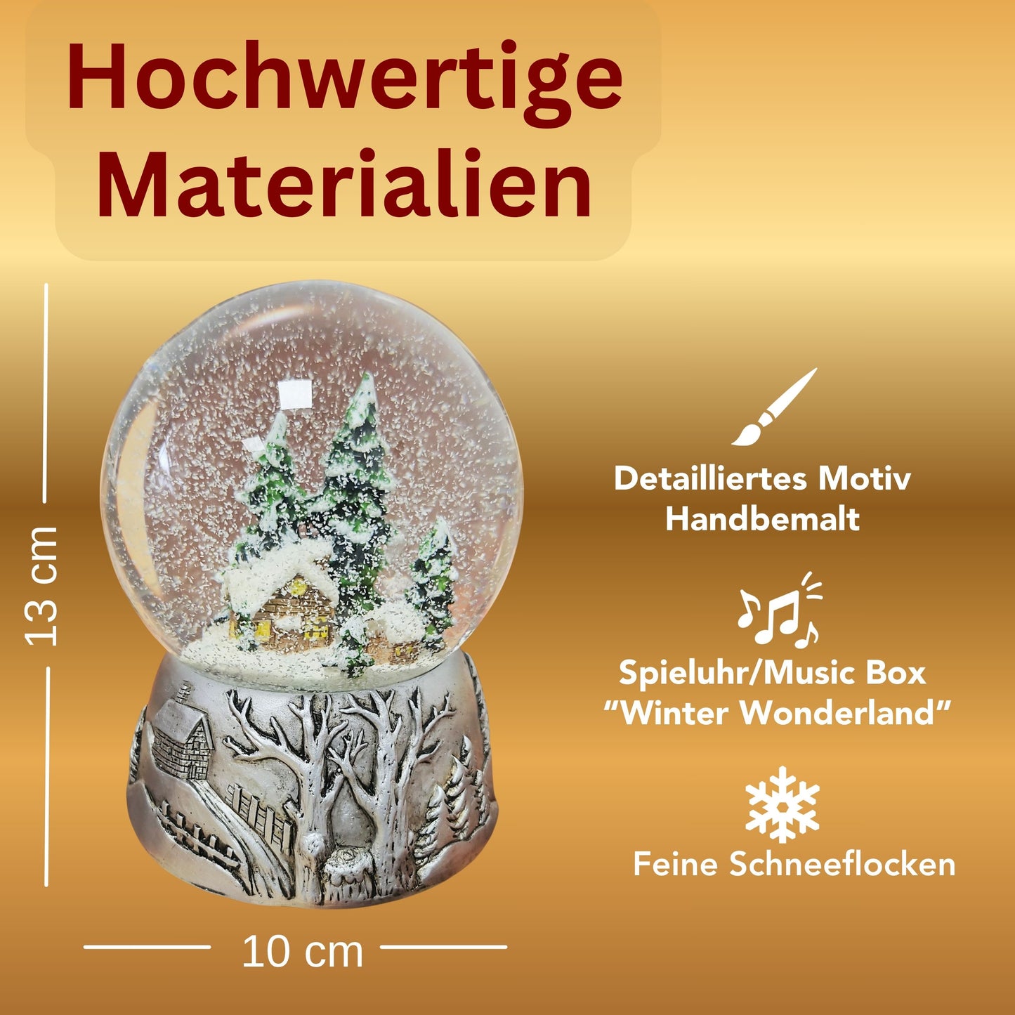 Nostalgische Schneekugel Winterhütte auf Silber Landschaft 100 mm Durchmesser mit Spieluhr
