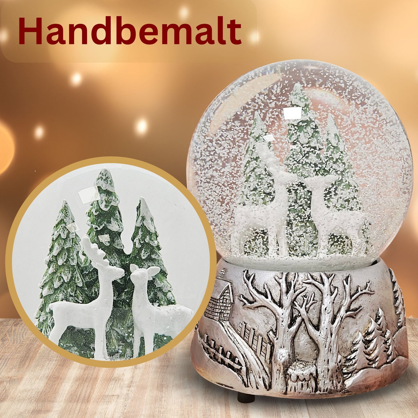 Nostalgische Schneekugel 2 Rehe auf Silber Landschaft 100 mm Durchmesser mit Spieluhr