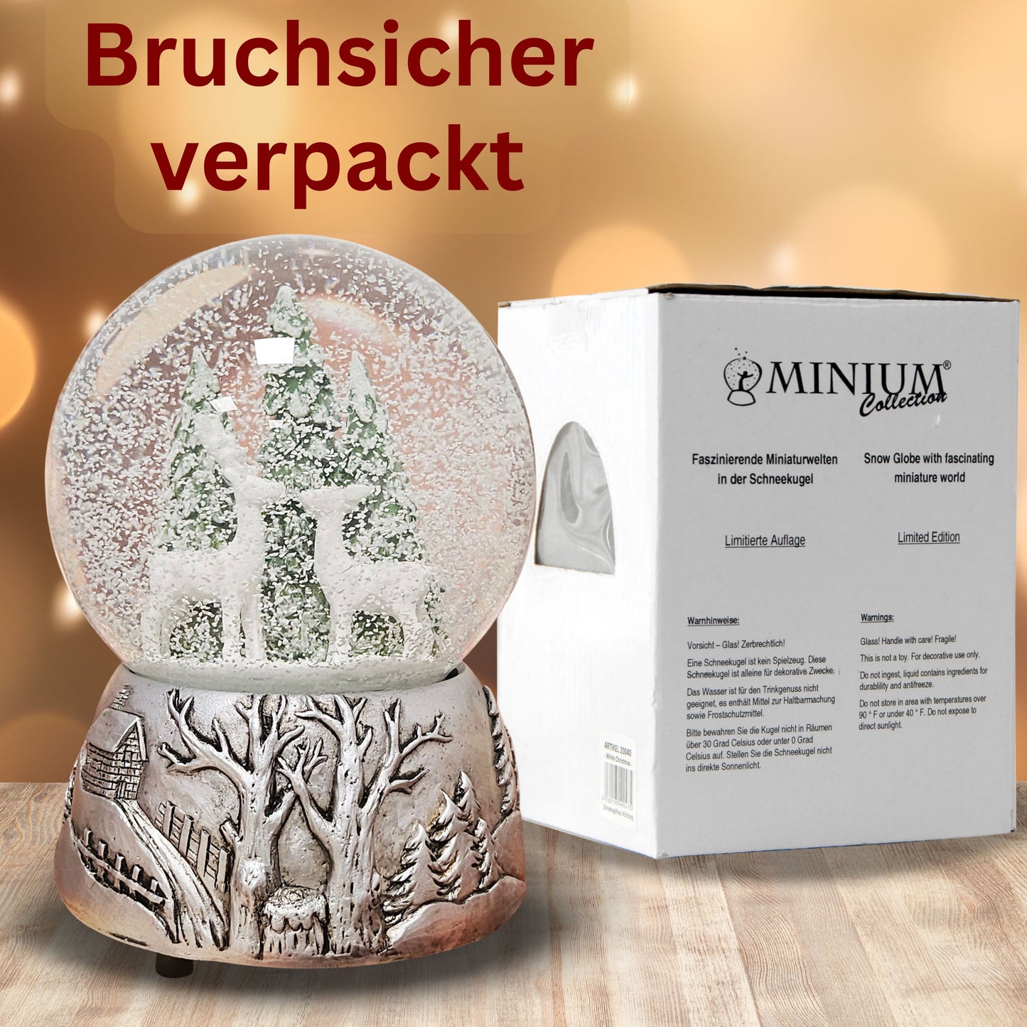 Nostalgische Schneekugel 2 Rehe auf Silber Landschaft 100 mm Durchmesser mit Spieluhr