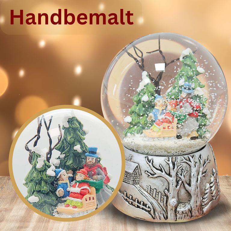 Nostalgische Schneekugel Familienspaziergang Silber Landschaft 100 mm Durchmesser mit Spieluhr
