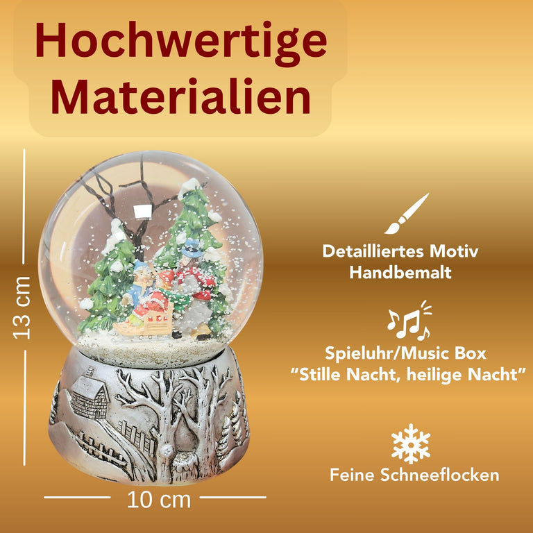 Nostalgische Schneekugel Familienspaziergang Silber Landschaft 100 mm Durchmesser mit Spieluhr
