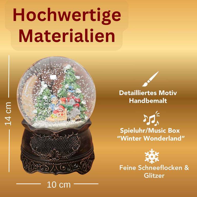 Nostalgische Schneekugel Familienspaziergang auf Ornamentsockel kupfer antik 100 mm Durchmesser mit Spieluhr