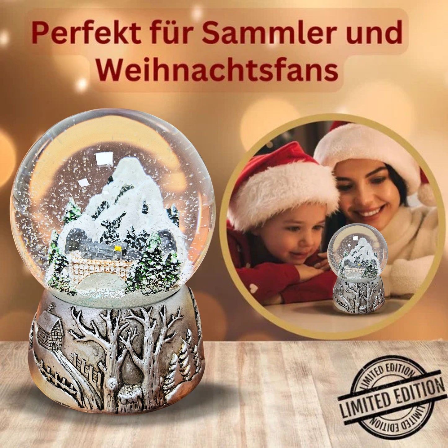 Nostalgische Schneekugel Berglandschaft Brücke Silber Landschaft 100 mm Durchmesser mit Spieluhr