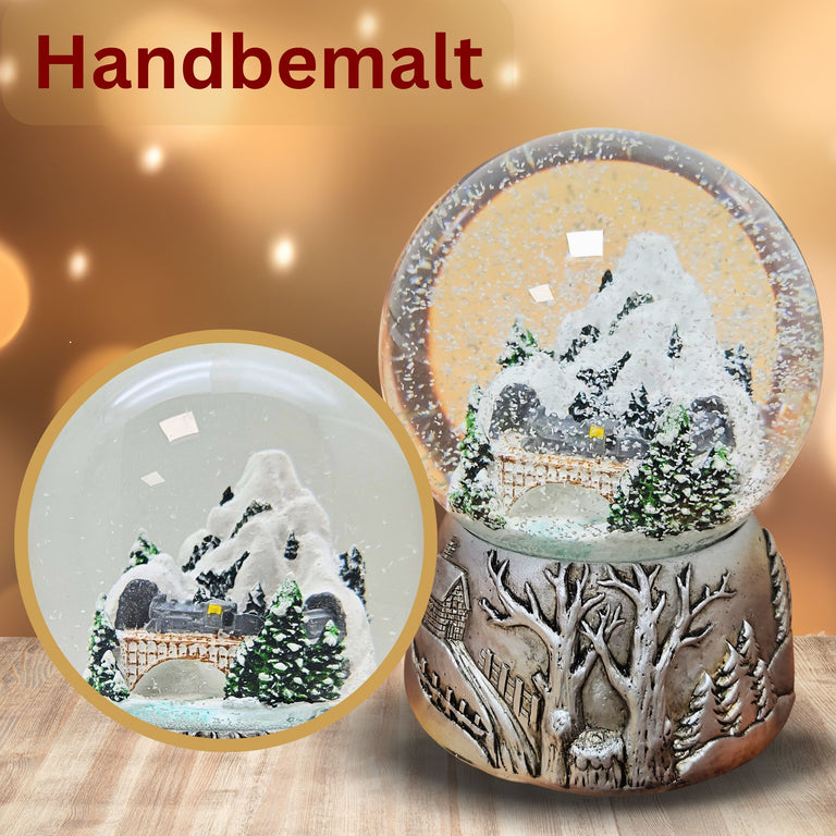 Nostalgische Schneekugel Berglandschaft Brücke Silber Landschaft 100 mm Durchmesser mit Spieluhr