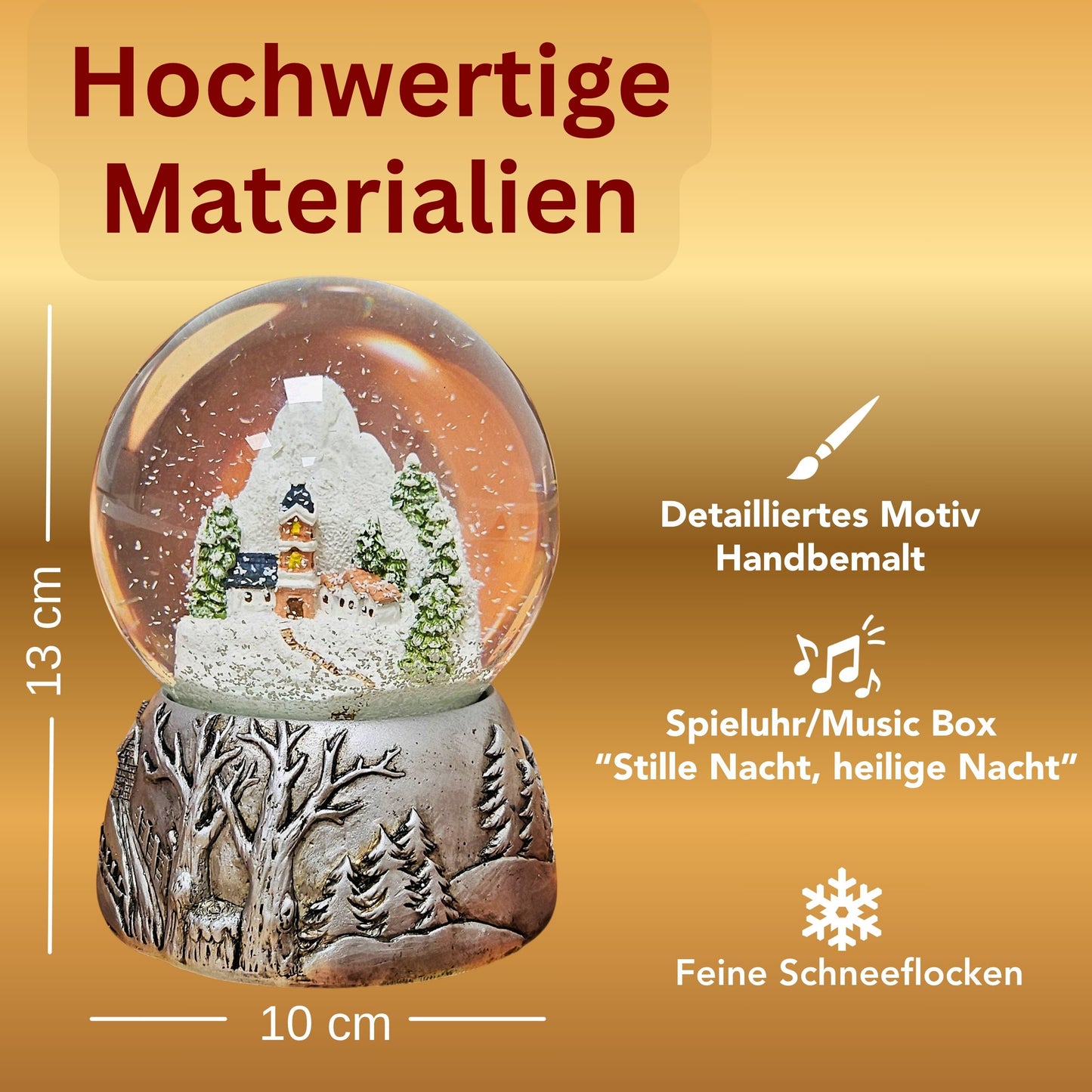 Nostalgische Schneekugel Bergdorf Silber Landschaft 100 mm Durchmesser mit Spieluhr
