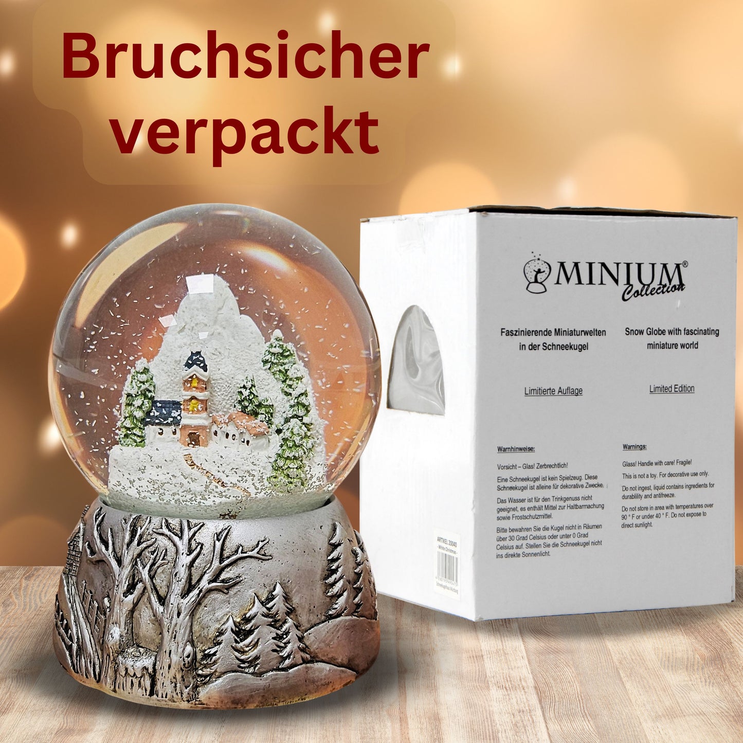 Nostalgische Schneekugel Bergdorf Silber Landschaft 100 mm Durchmesser mit Spieluhr