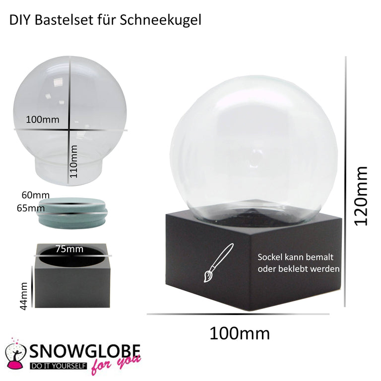 DIY-Komplett-Bastelset für Glas-Schneekugel 100x120mm schwarz mit Schnee, Glitzer, Wasserklar & Kleber