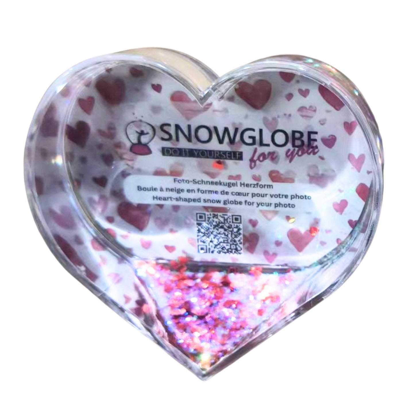 Foto-Schneekugel Herzform mit roten Herzen und transparentem Glitter