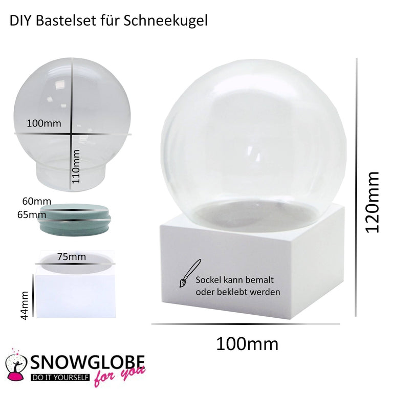 DIY - Komplett - Bastelset für Glas - Schneekugel 100x120mm weiß mit Schnee, Glitzer, Wasserklar & Kleber - Schneekugelhaus