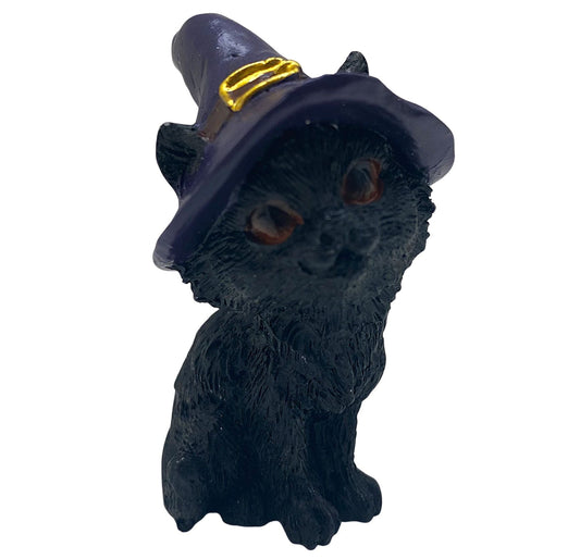 Hexen-Katzen Figur "aufmerksam mit lila Hut" - 50 x 65 mm - Schneekugelhaus