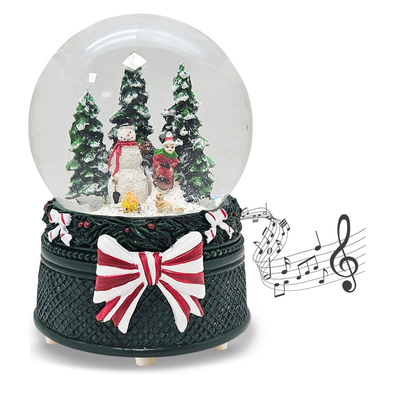 Nostalgische Schneekugel Schneemann steht auf Weihnachtsdekor grün 100 mm Durchmesser mit Spieluhr - Schneekugelhaus
