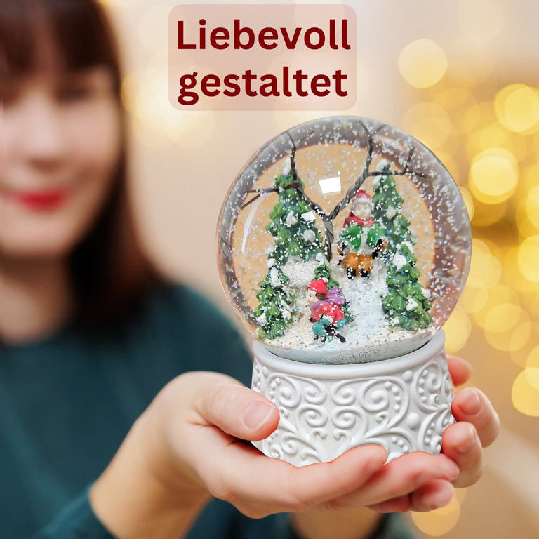 Nostalgische Schneekugel Skifahrer Ornamente 100 mm Durchmesser mit Spieluhr - Schneekugelhaus