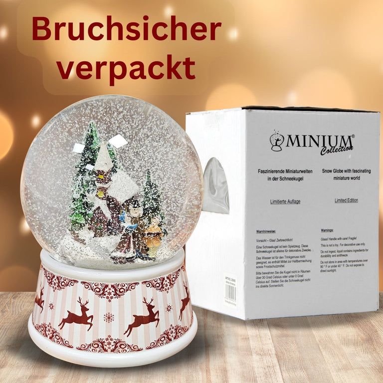 Nostalgische Schneekugel Weihnachtsspaziergang Hüttenzauber 100 mm Durchmesser mit Spieluhr - Schneekugelhaus