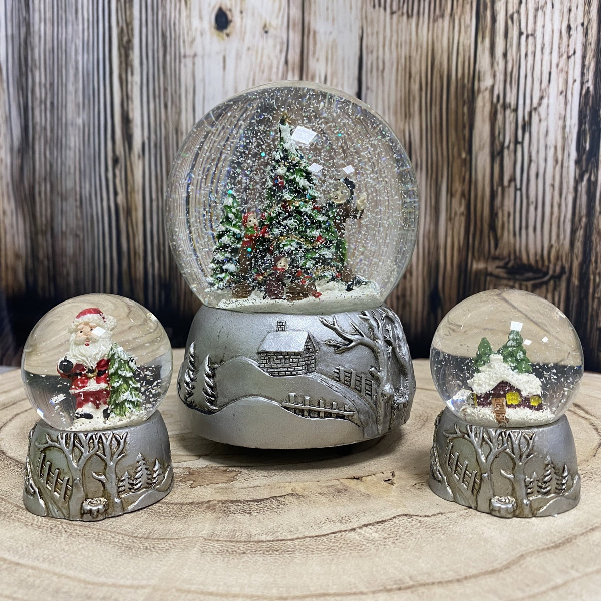 Silber-Dekopaket - 3 Nostalgie Schneekugeln in zwei Größen - Schneekugelhaus