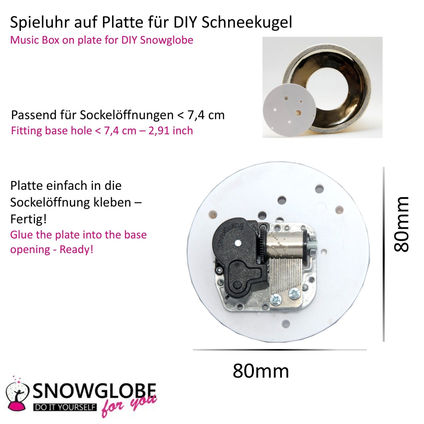 Spieluhr für Schneekugel Stille Nacht - Heilige Nacht auf Platte 8,0 cm - Schneekugelhaus