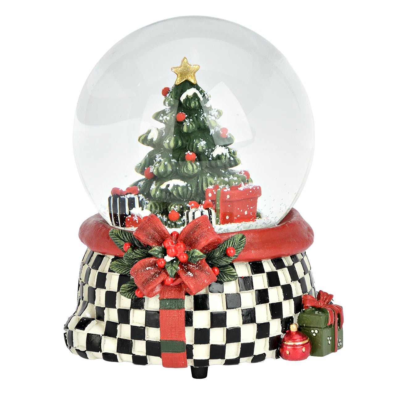 Stylische Schneekugel Weihnachtsbaum Geschenke Karomuster 100 mm Durchmesser mit Spieluhr - Schneekugelhaus