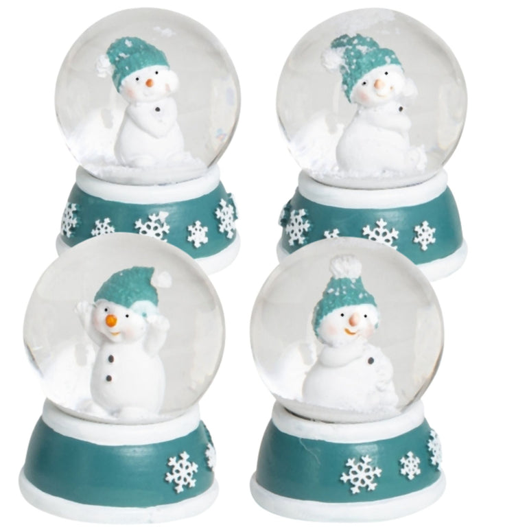 Süße Mini - Schneekugel Schneemann Hände hoch auf Sockel türkis weiße Schneeeflocke B: 45mm - Schneekugelhaus