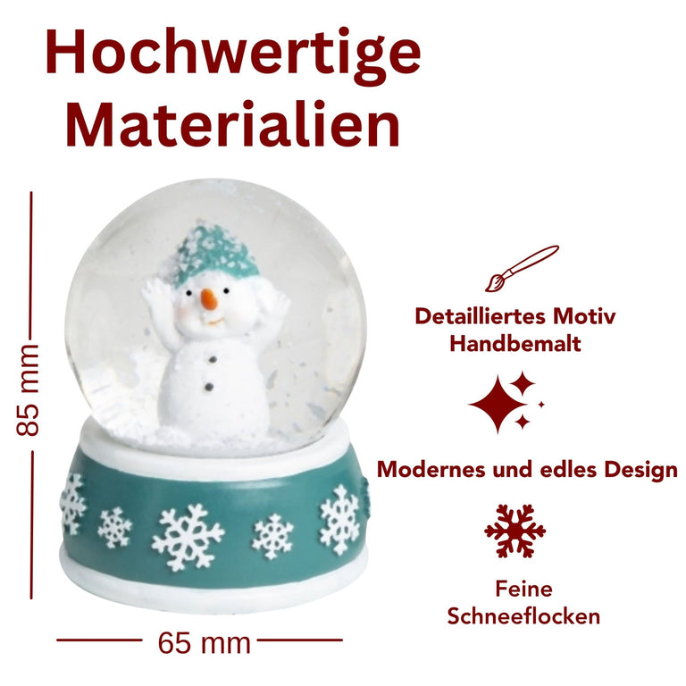 Süße Schneekugel Schneemann Hände hoch auf Sockel türkis weiße Schneeflocke B: 65mm - Schneekugelhaus